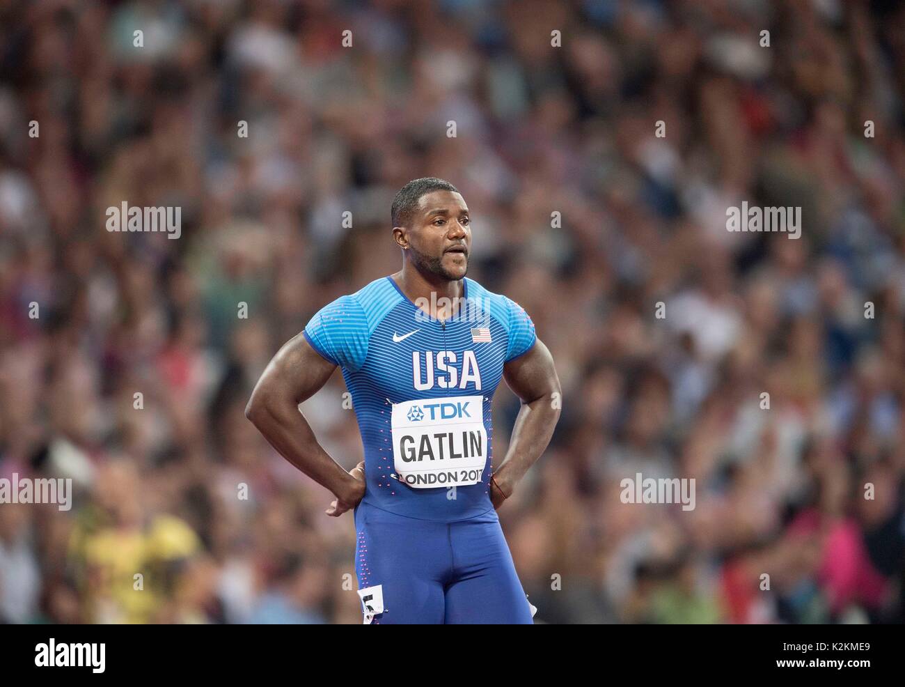 Londres, Grossbritannien. Le 04 août, 2017. Justin Gatlin, USA, Vorlauf 100m der Maenner am 04.08.2017 Leichtathletik Weltmeisterschaft 2017 à Londres/ Grossbritannien, vom 04.08. - 13.08.2017. | Verwendung weltweit Credit : dpa/Alamy Live News Banque D'Images