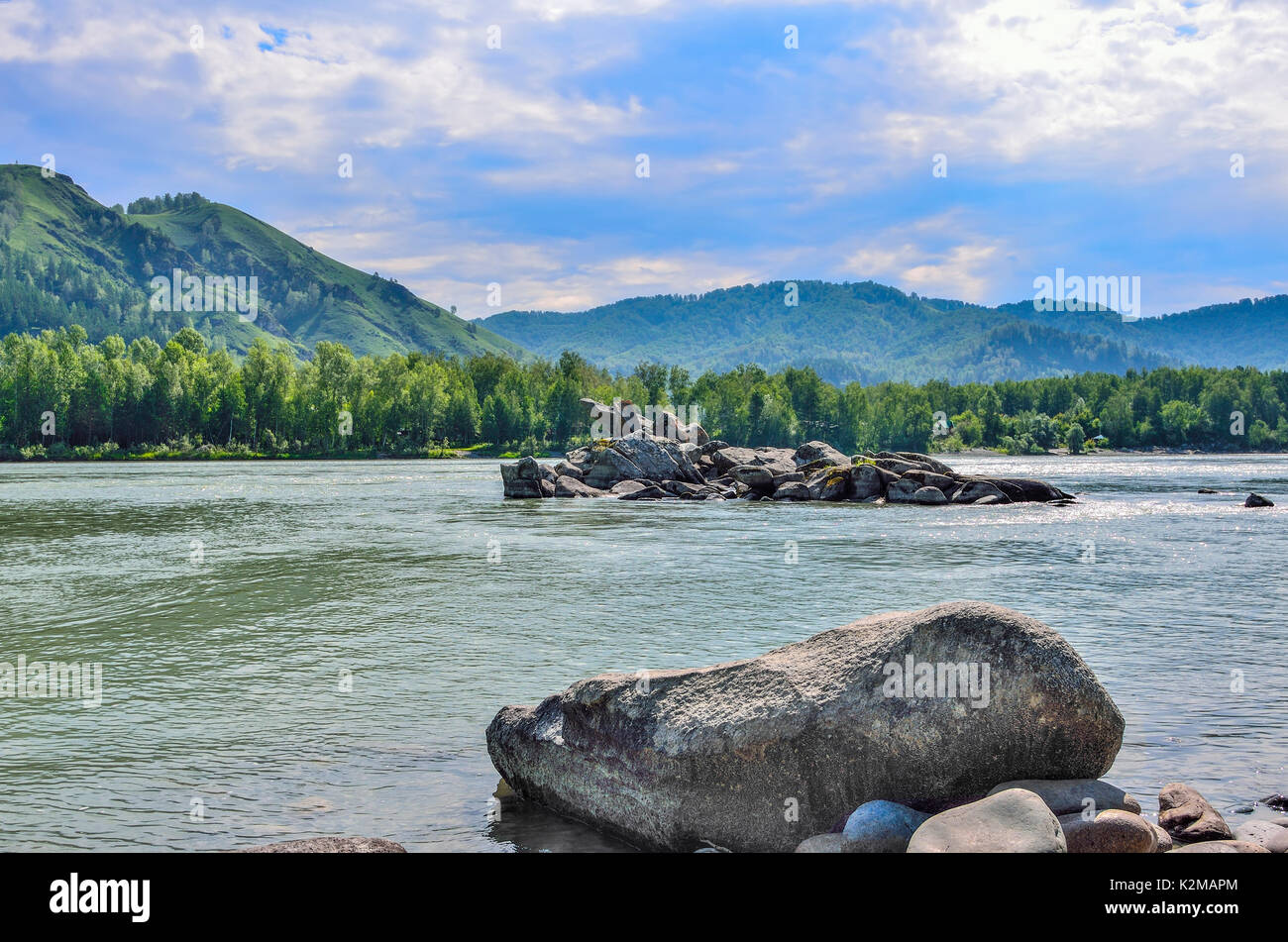 Belle rivière de montagne avec des rapides et des îles des énormes rochers entre les rives boisées - paysage d'été ensoleillée, montagnes de l'Altaï, en Russie Banque D'Images