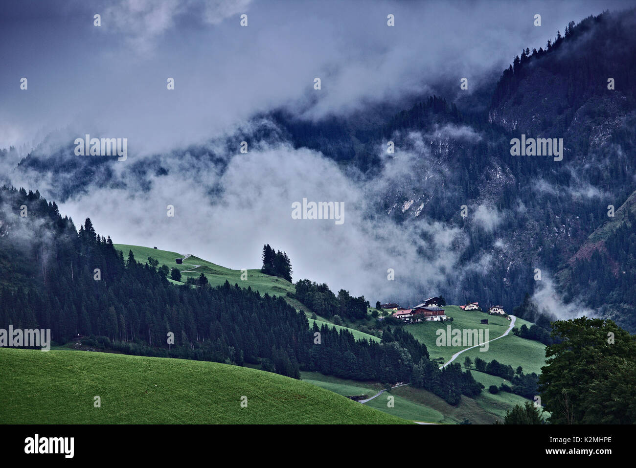 Ferme et dense forêt de pins, dans les Alpes autrichiennes avec nuages spectaculaires sur une crête boisée raide dans l'arrière-plan Banque D'Images