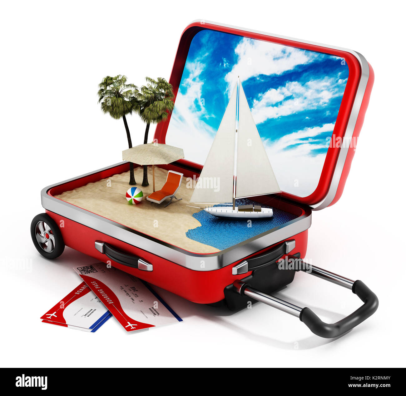 Maison de vacances à l'intérieur de l'île half open travel suitcase. 3D illustration. Banque D'Images Maison de vacances à l'intérieur de l'île half open travel suitcase. 3D illustration. Banque D'Images