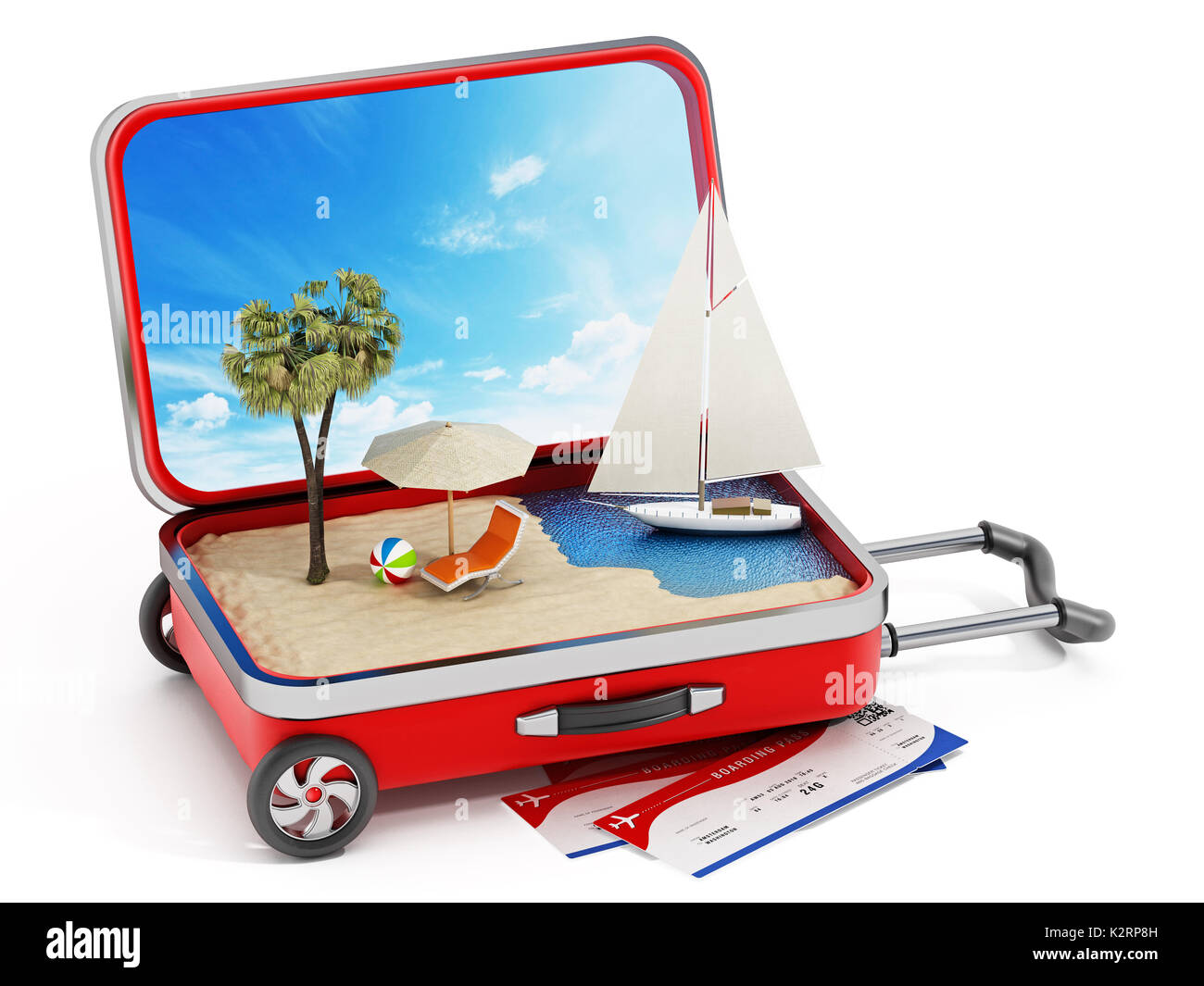 Maison de vacances à l'intérieur de l'île half open travel suitcase. 3D illustration. Banque D'Images