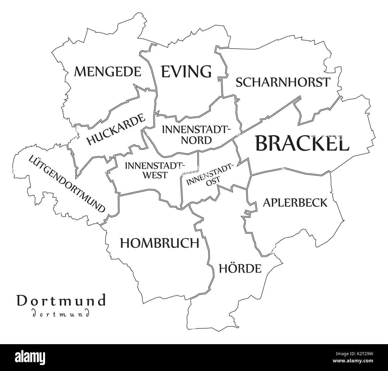 Plan de la ville moderne - Dortmund City de l'Allemagne avec les quartiers et les titres de contour plan Illustration de Vecteur