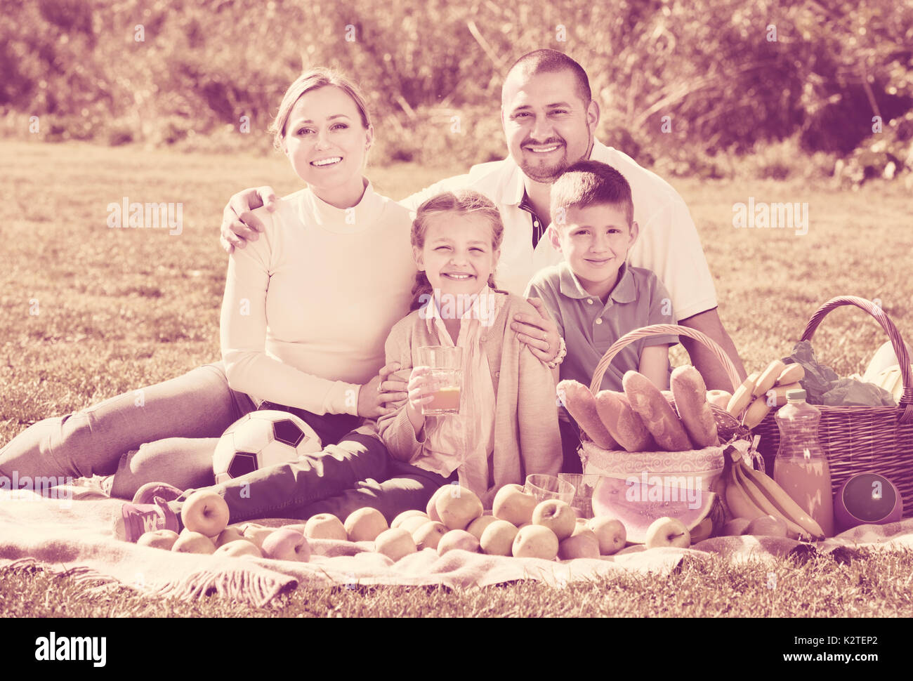 Joyeuse famille de quatre personnes ayant un pique-nique en plein air dans un beau temps Banque D'Images