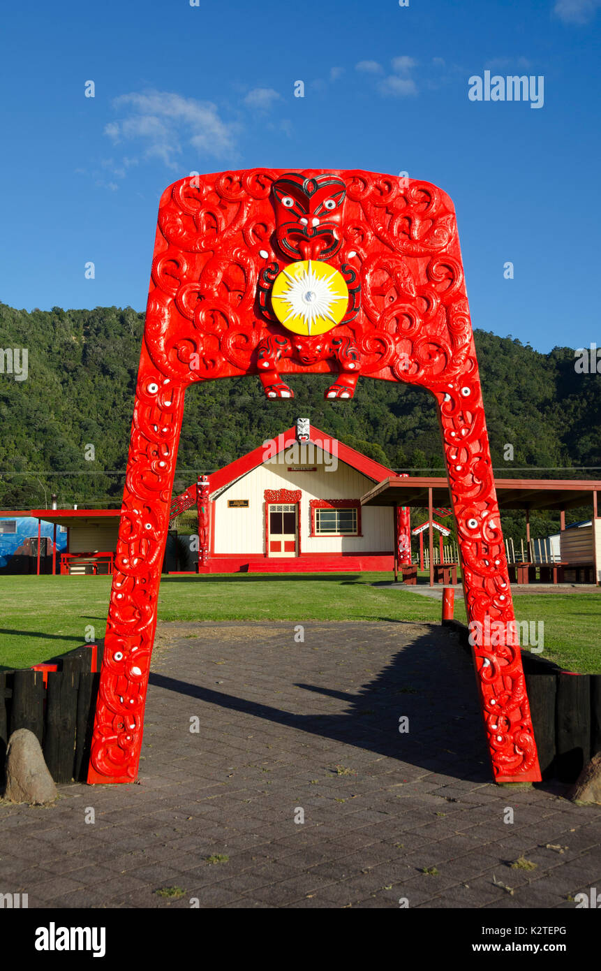 Marae Maori à Torere, près de Opotiki, Bay of Plenty, île du Nord, Nouvelle-Zélande Banque D'Images