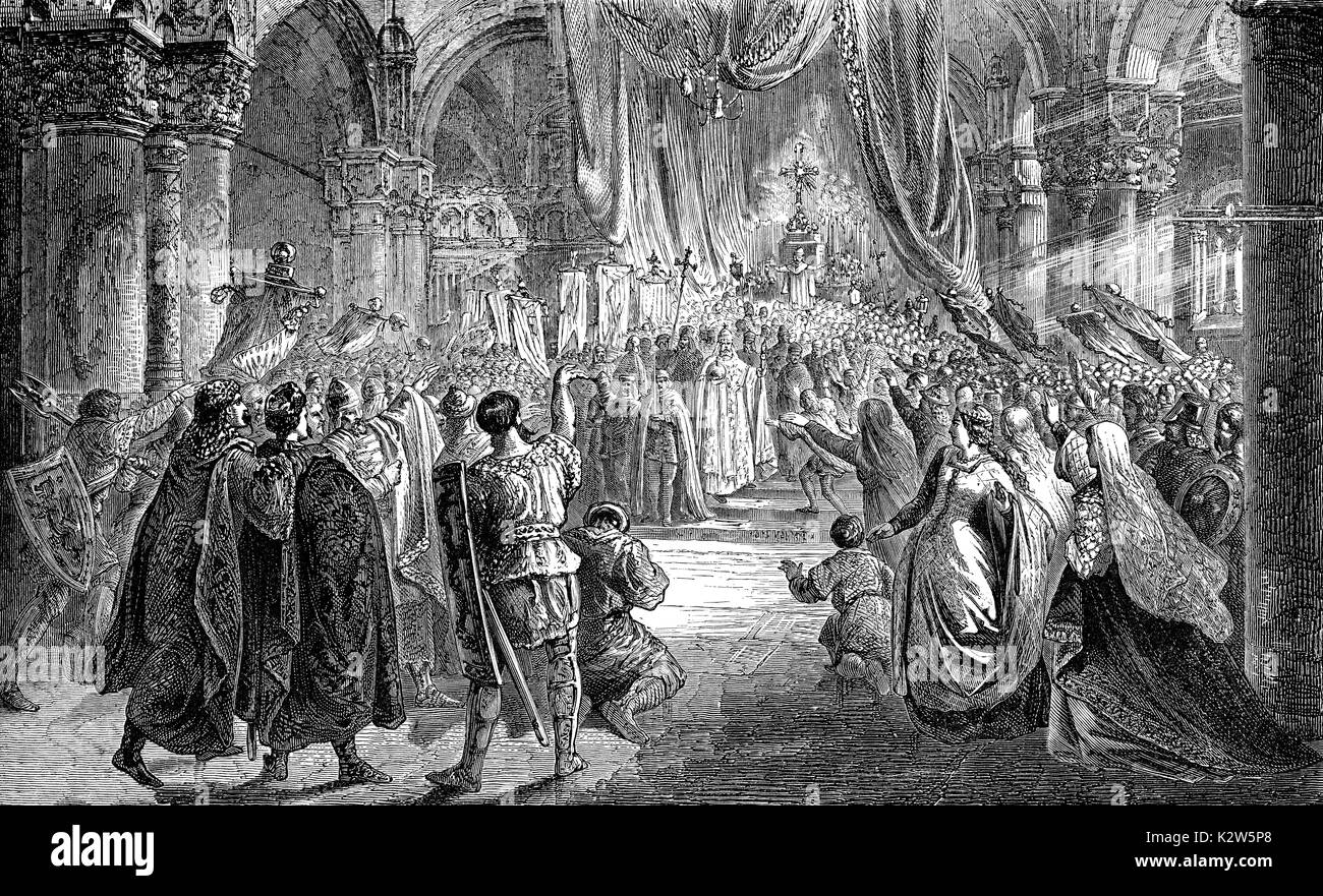 Le Pape saint Léon III couronnant Charlemagne Imperator Romanorum, le soir de Noël 800 Banque D'Images