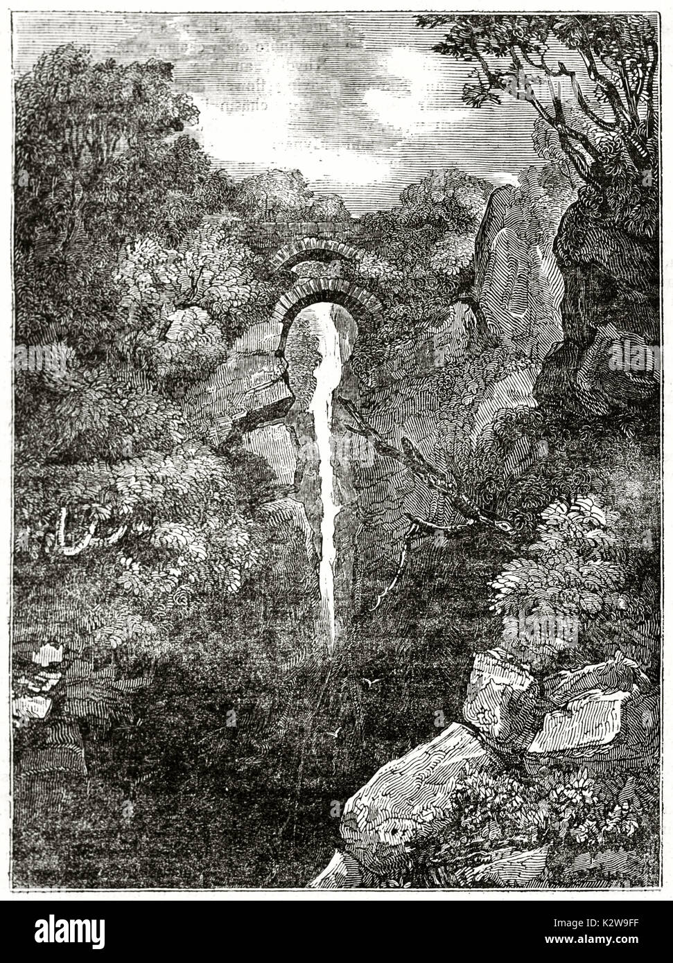 Vue ancienne de Devil's Bridge, au Pays de Galles. Par auteur non identifié, publié sur le Penny Magazine, Londres, 1835 Banque D'Images