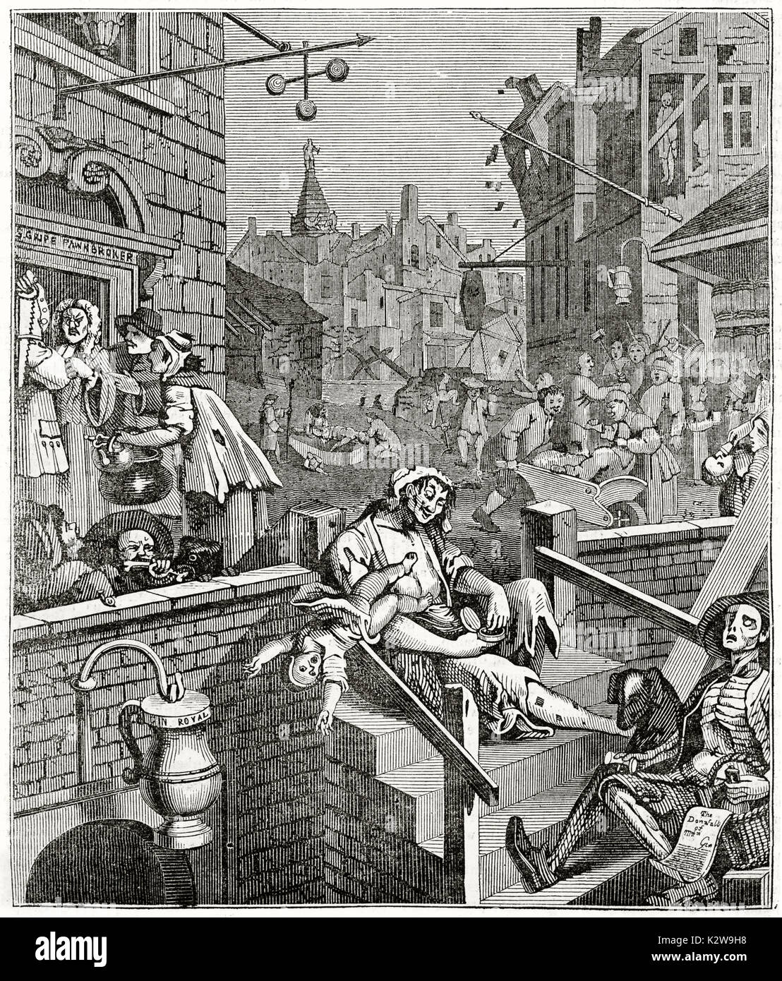 Ancienne reproduction de gravé Gin Lane (représentant d'impression satirique les méfaits de la consommation de gin, contrarié par Gin Act en 1751). Après William Hogart Banque D'Images