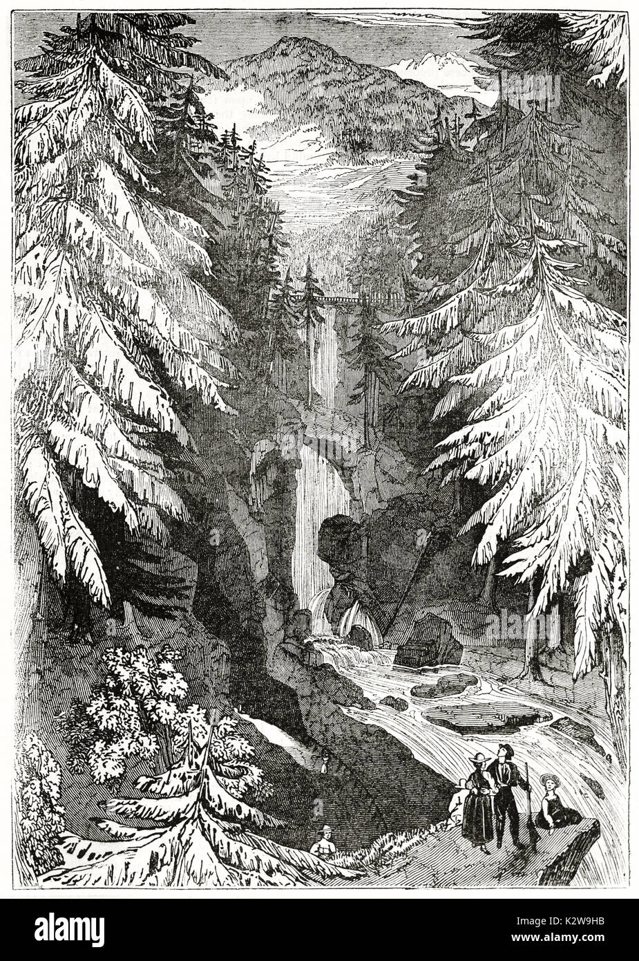 Vue ancienne de Golling cascades, l'Autriche. Par auteur non identifié, publié le Penny Magazine, Londres, 1835 Banque D'Images