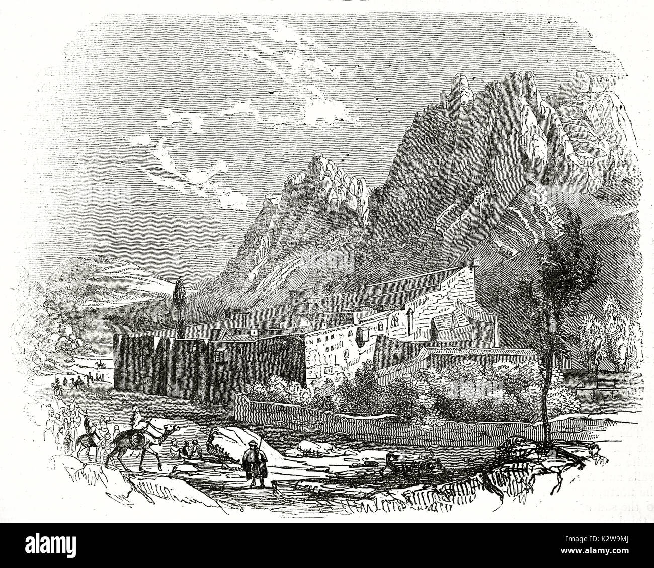 Voir l'ancien monastère de Sainte Catherine et le mont Sinaï en arrière-plan. Par auteur non identifié, publié sur le Penny Magazine, Londres, 1835 Banque D'Images