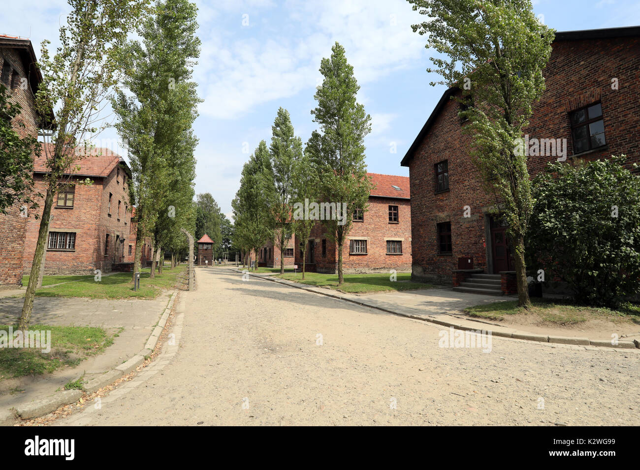 Bâtiments dans le camp de concentration nazi d'Auschwitz, près de la ville de Łódź, Pologne, photographié le 25 août 2017. Banque D'Images