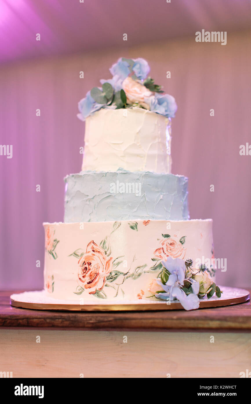 Partie Un Traitement Douce Vie Concept Sur Le Plat De Television Il Y A Trois Niveaux Merveilleux Anniversaire Gateau Fait De Blanc Et De Bleu Et Creme Decore De V Photo Stock