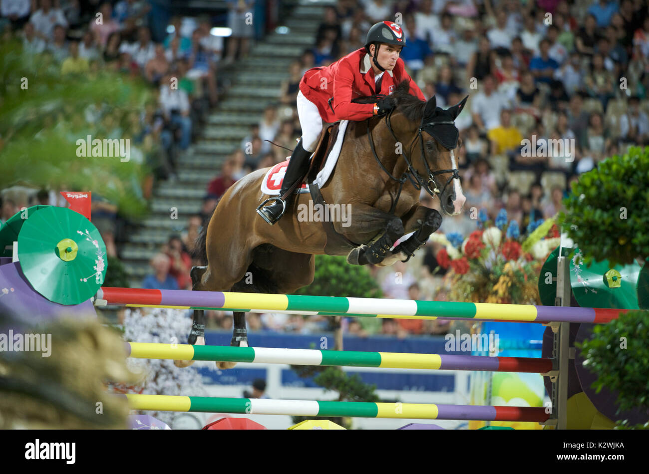 Jeux olympiques 2008 de Beijing, Hong Kong (Jeux) août 2008, Steve Guerdat (SUI) équitation Jalisca Solier, finale individuelle de saut Banque D'Images