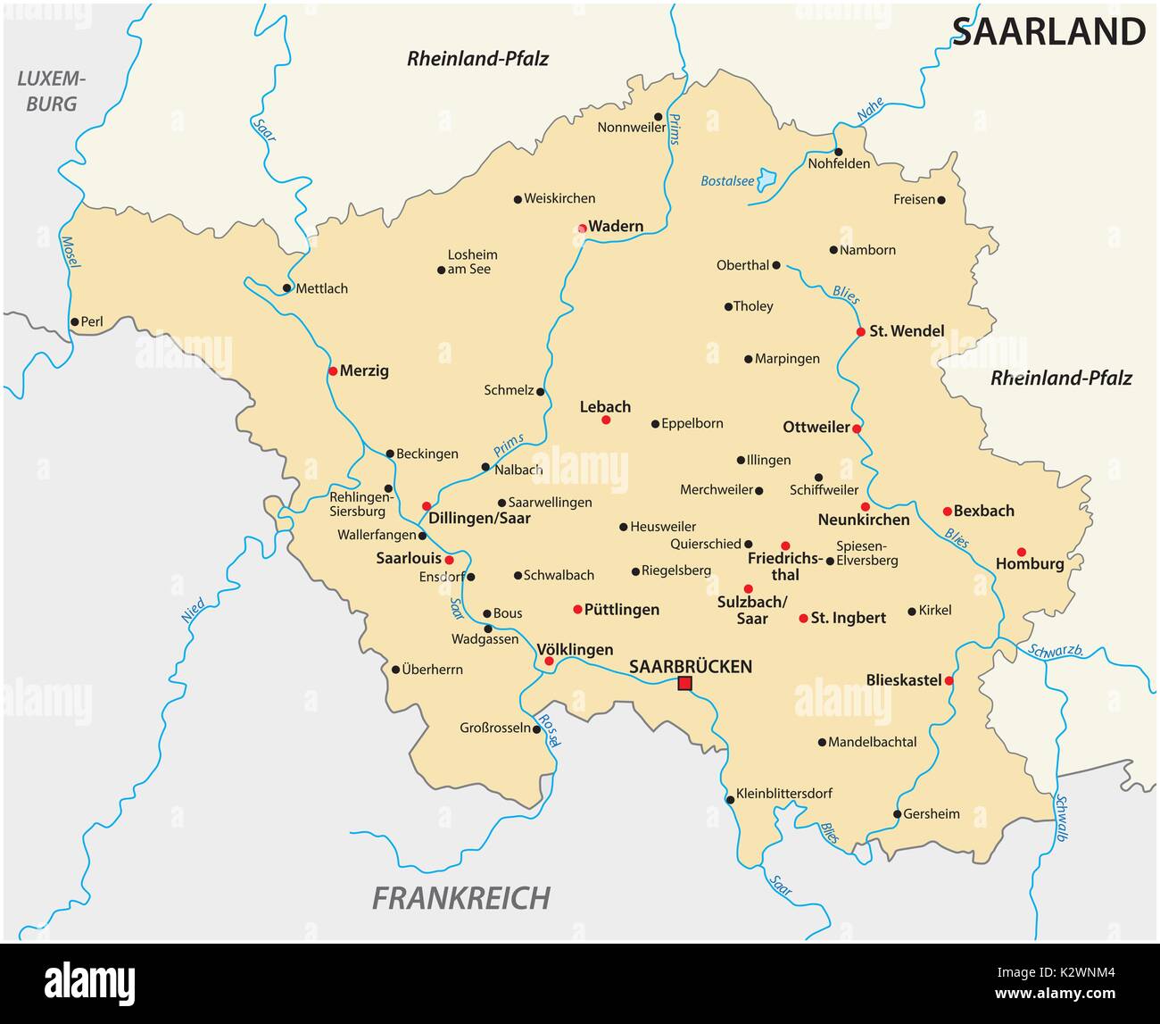 Carte de l'Etat de Sarre avec les villes les plus importantes Illustration de Vecteur