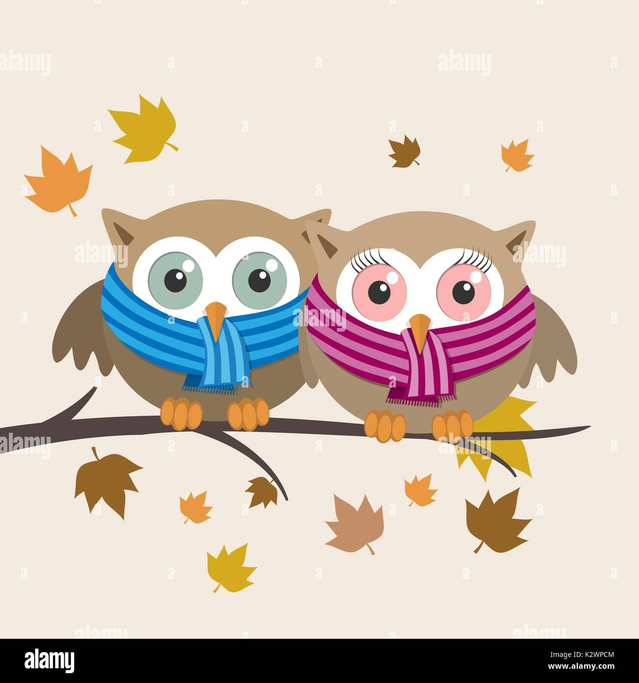 Couple de hiboux avec foulard sur un jour d'automne. Vector illustration  Image Vectorielle Stock - Alamy