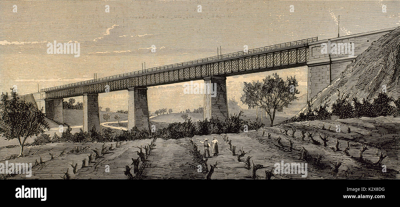 L'Espagne. La Catalogne. Nouveau pont de fer dans le chemin de fer de Granollers à San Juan de las Abadesas, construit dans les ateliers de La Maquinista terrestre y maritima (MTM). Gravure de Rico. 'La Ilustracion Espanola y Americana', 1879. Banque D'Images