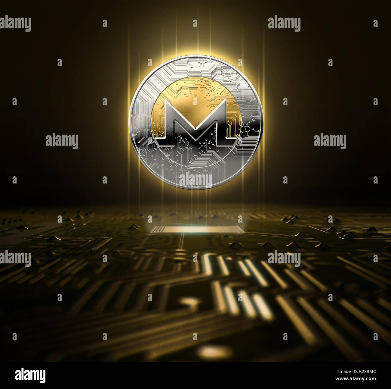 Un hologramme cryptocurrency monera en or et argent sous forme de pièce de monnaie hovvering physique sur une carte de circuit imprimé- 3D render Banque D'Images
