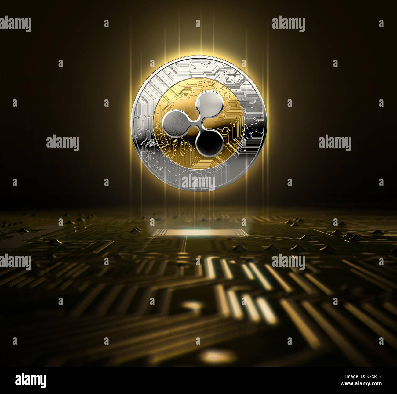 Un effet d'hologramme cryptocurrency en or et argent sous forme de pièce de monnaie hovvering physique sur une carte de circuit imprimé- 3D render Banque D'Images