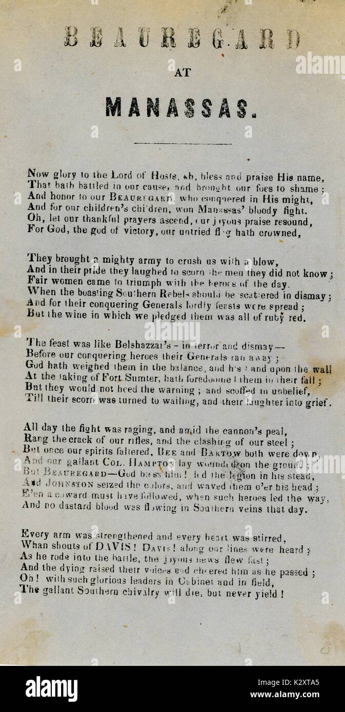 En travers de la guerre civile américaine, intitulée "Beauregard à Manassas', plaidoyer pour général confédéré T.C.P. AGISSANT À TITRE Beauregard et sa victoire à la première bataille de Bull Run à Manassas, en 1861. Banque D'Images