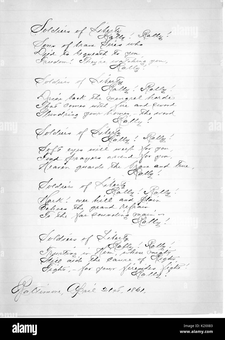 Chanson manuscrite et poème de la guerre civile américaine, déclarant "Soldiers of Liberty, Rallye, Rallye !' à l'appui de les troupes confédérées, Baltimore, Maryland, 1861. Banque D'Images