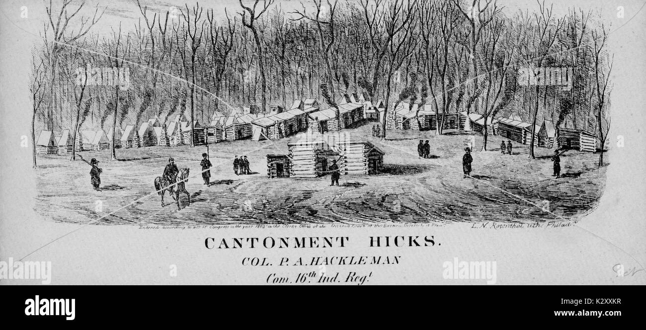 En travers de la guerre civile américaine, intitulée "le cantonnement Hicks, représentant le 16e d'infanterie des volontaires de l'Indiana d'un séjour sous le commandement du colonel agréable A. Hackleman, 1861. Banque D'Images
