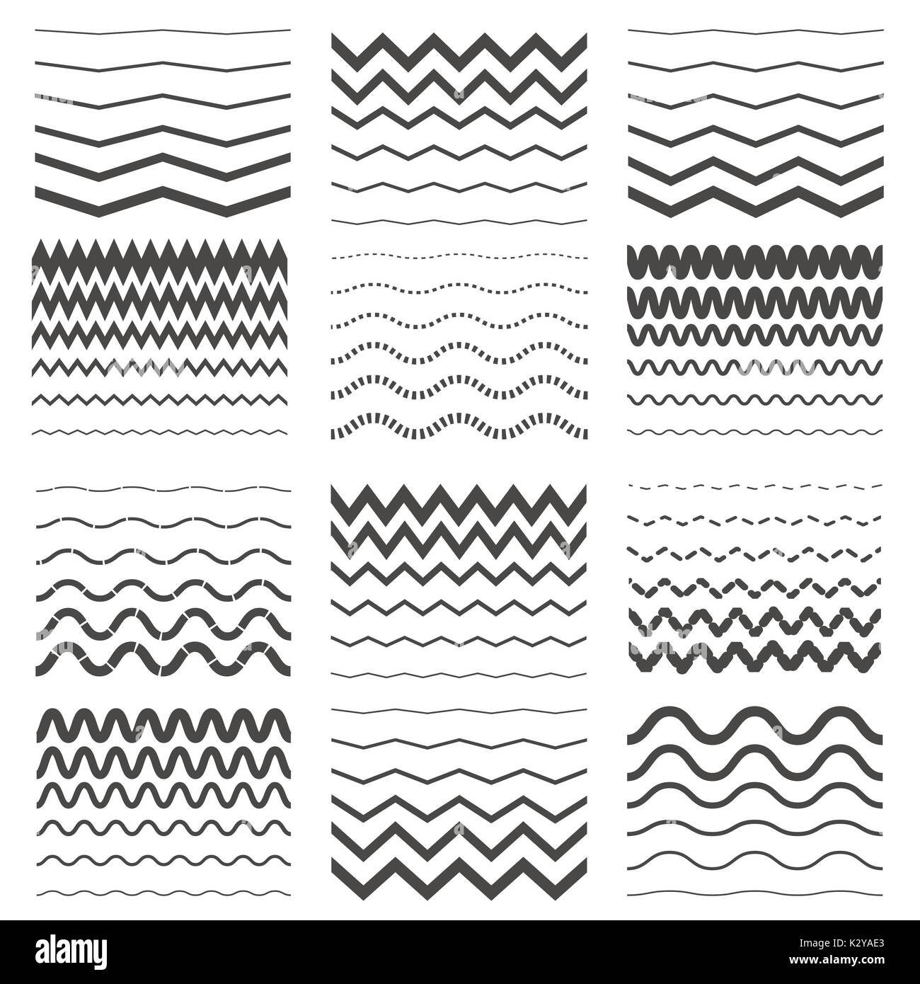 Ligne ondulée en zigzag et définir des modèles. Zig Zag décoratif vecteur garde frontières isolé sur fond blanc Illustration de Vecteur
