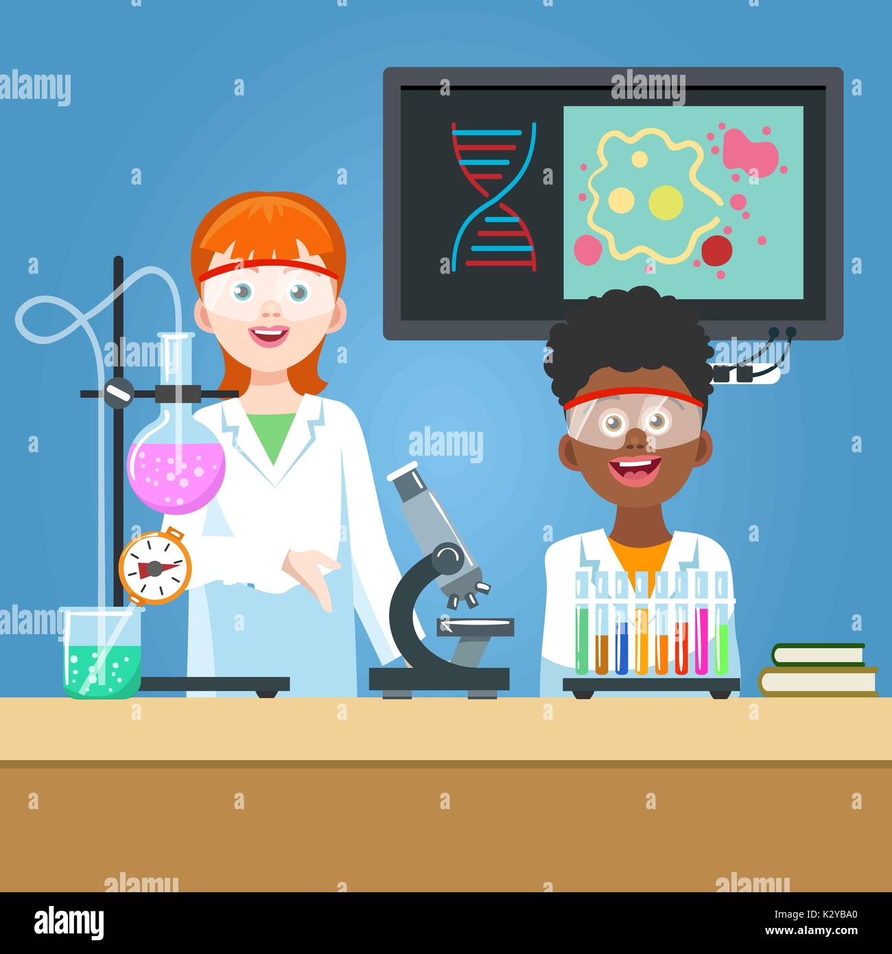 Girl scientifique et d'étudiant en chimie en laboratoire. Vector illustration Illustration de Vecteur