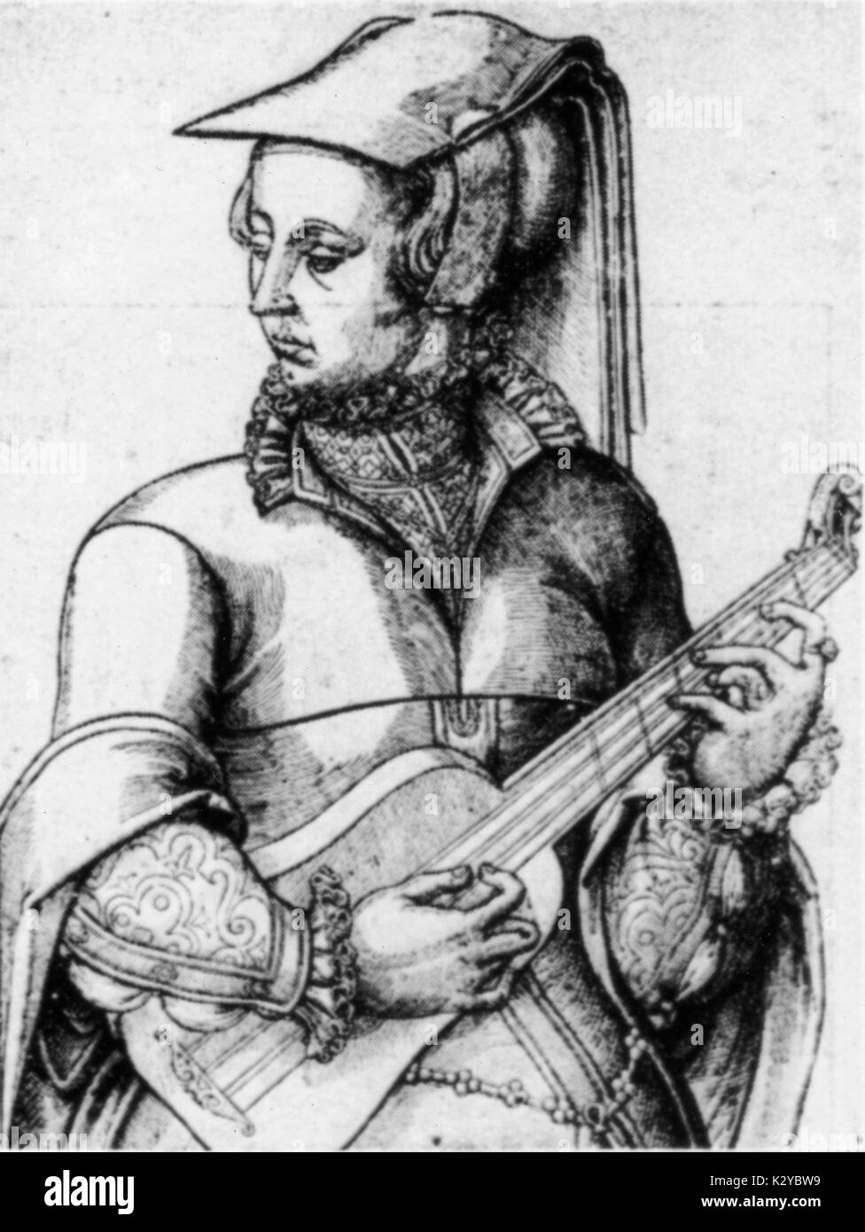 Femme jouant de la guitare, c.1570 français non signé de série de gravures sur bois. Banque D'Images