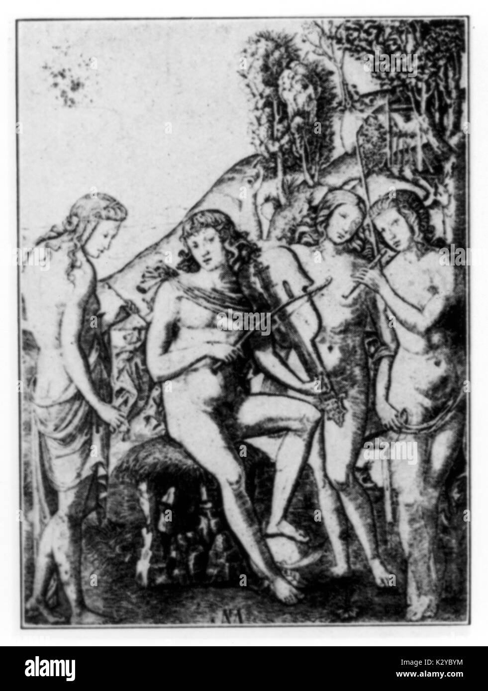 Amor avec trois grâces, jouant viola da braccio (violon) et l'enregistreur ancestrales (flute-a-bec) gravure de Marcantonio Raimondi (ch. 1480 - c. 1534) Banque D'Images