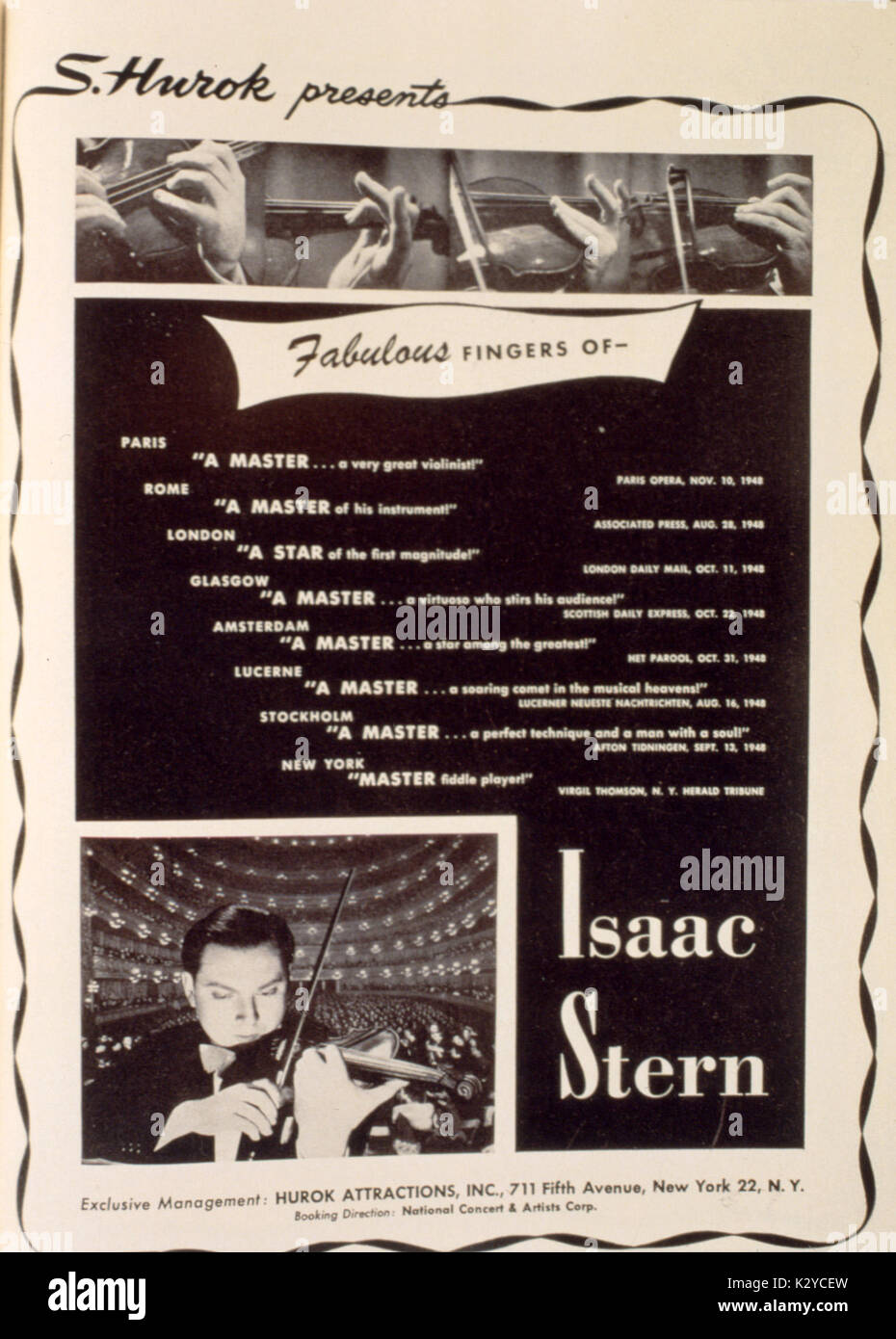 Publicité pour l'apparence d'Isaac Stern en Amérique, 1949. Le violoniste américain d'origine russe (1920 - ). À jouer du violon. Banque D'Images