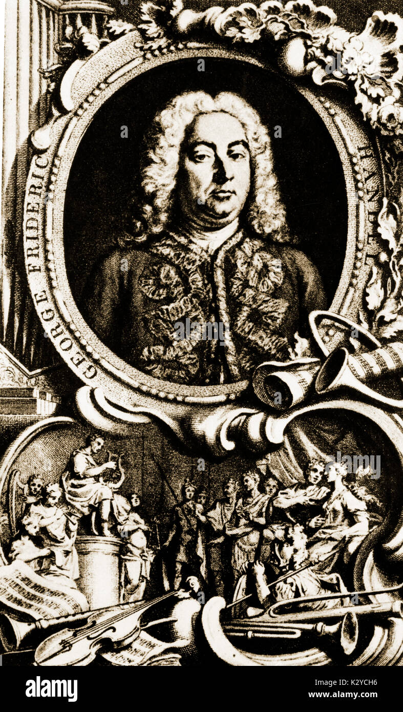 «Messie' , oratorio par George Frideric Handel - frontispice avec portrait de l'allemand (plus tard l'anglais) compositeur. Pour la première fois à Dublin en 1742. GFH : 23 février 1685 - 14 avril 1759. Banque D'Images
