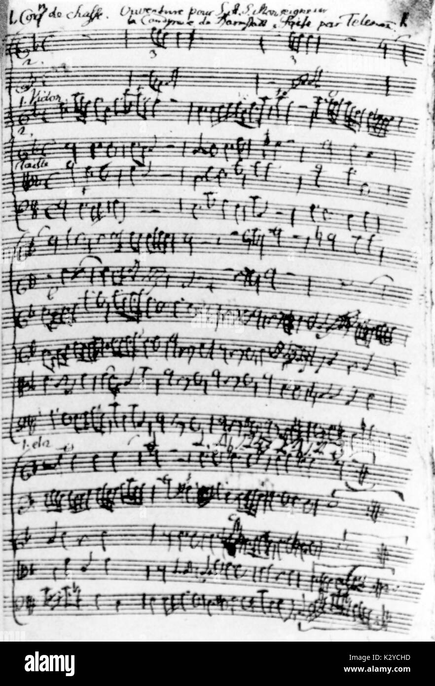 TELEMANN, Georg Philip - Composition Page 1 de compositions instrumentales (ouvertures, sinfonias, divertimenti etc) composé de Telemann 1691-1767 lorsqu'il a été de 86, pour Louis VIII de Hesse-Darmstadt. Compositeur allemand (1681-1767). Banque D'Images