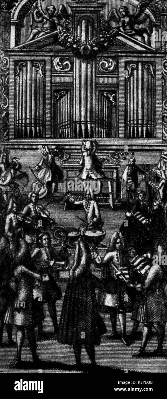 Johann Kuhnau (1660-1722) - la réalisation d'une performance dans la Thomaskirche à Leipzig. Frontispice gravé à 'Unfehlbare Engel-Freude Geisliches Gesang-Buch' oder, Leipzig 1710. (Orgue étant joué) harpischordist allemand, organiste, compositeur et écrivain sur la musique. Banque D'Images