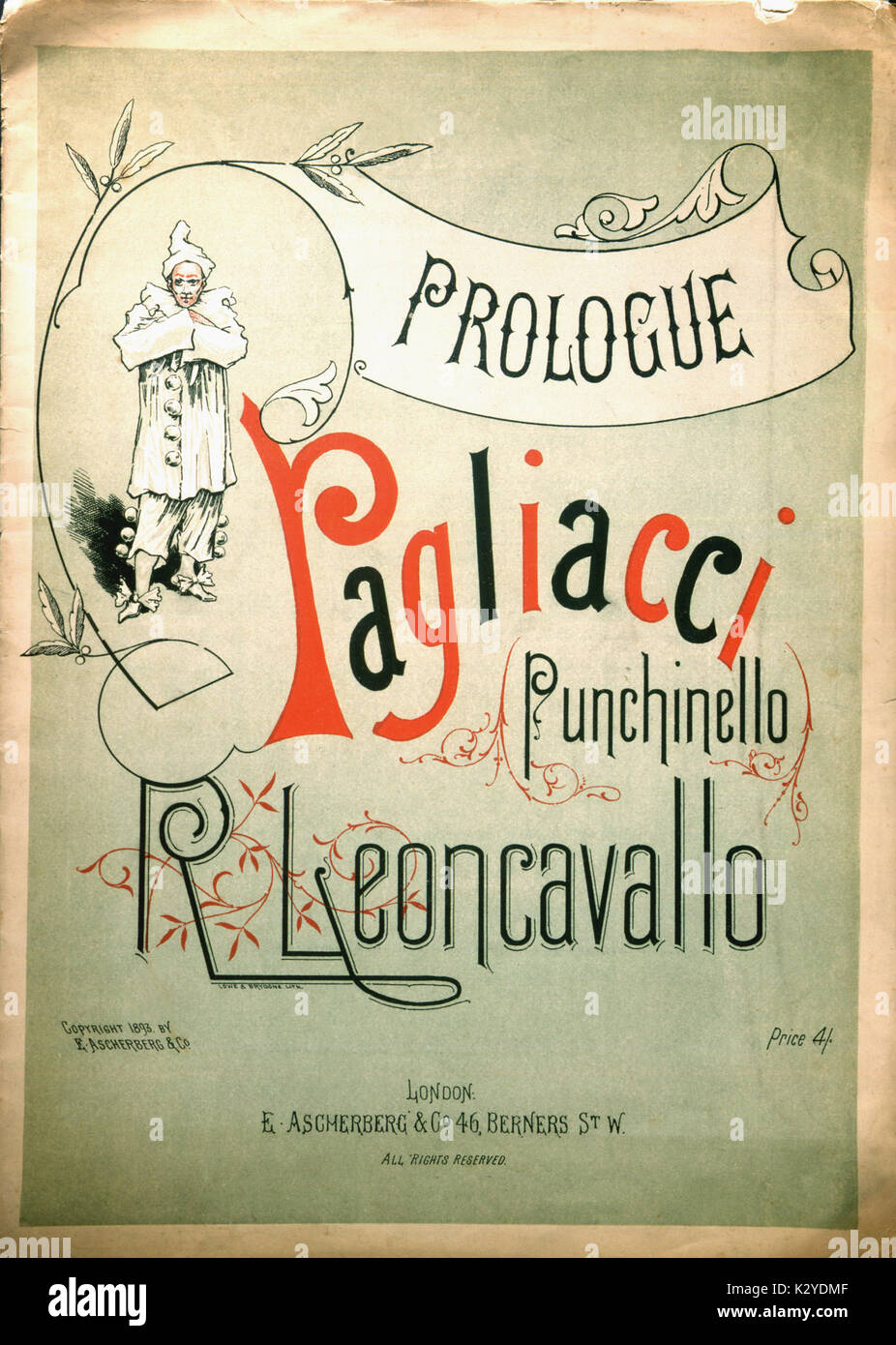 Prologue à Pagliacci. score Avec le clown Canio sur le couvercle. Compositeur italien (1857-1919). Publié par Chappell, 1893 copyright by Ascherberg. Banque D'Images