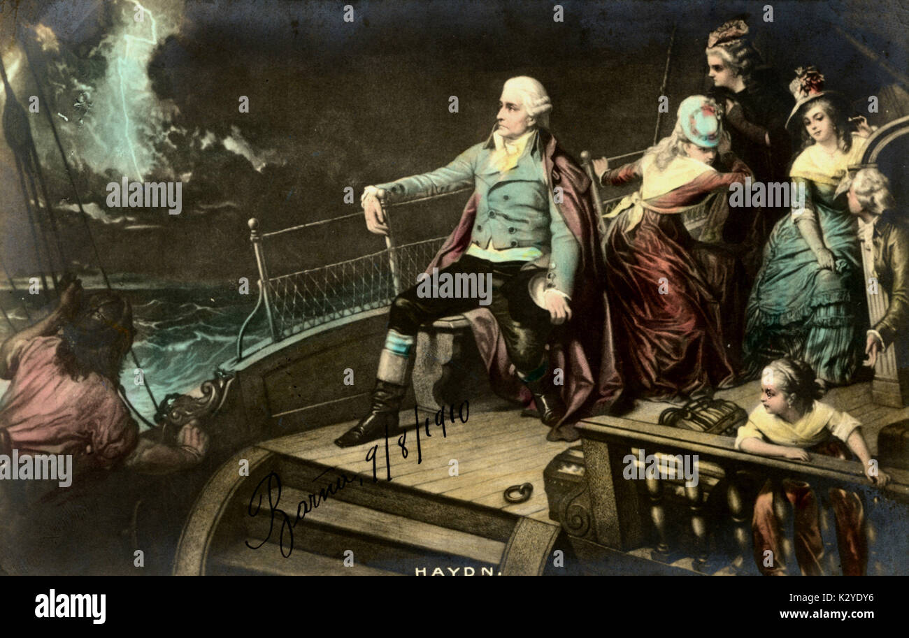 HAYDN - dans la tempête au cours de sa traversée de la mer à Londres, Angleterre Peinture par Edouard Hammon (1819 - 1888). Cette expérience a influencé Die Schopfung - La création Franz Joseph Haydn 1732-1809. Compositeur autrichien. Voile, bateau Banque D'Images