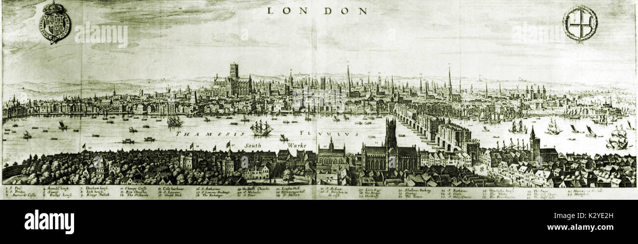 Londres, Angleterre - panorama de la ville et la Tamise, avant le grand incendie de 1666. Illustration par programme Matthaeus Merian (ch. 1649). Du temps de Shakespeare, Dowland, Purcell et. Banque D'Images