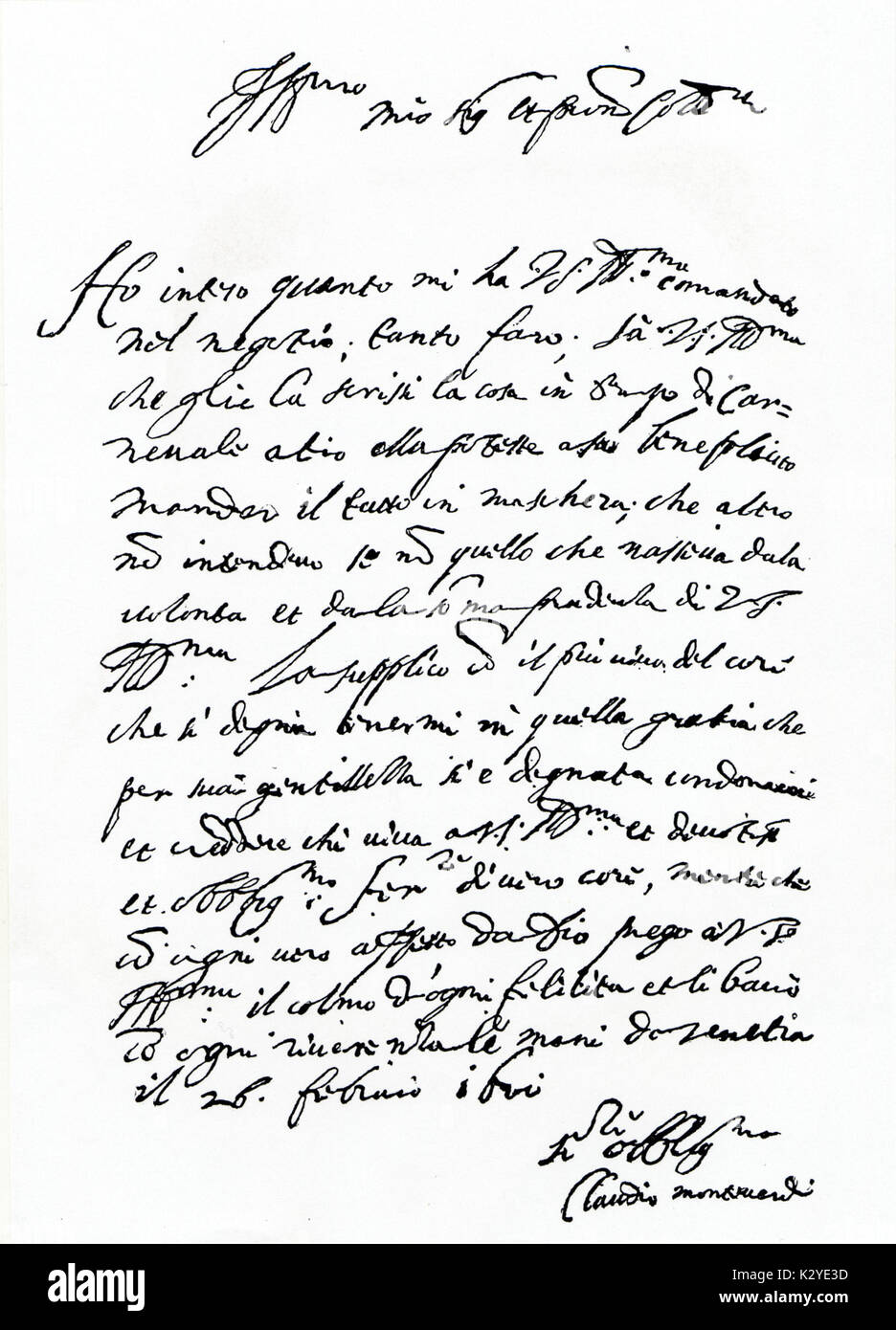 Claudio Monteverdi, lettre autographe à son patron-compositeur italien. 15 mai 1567 - 29 novembre 1643. Banque D'Images