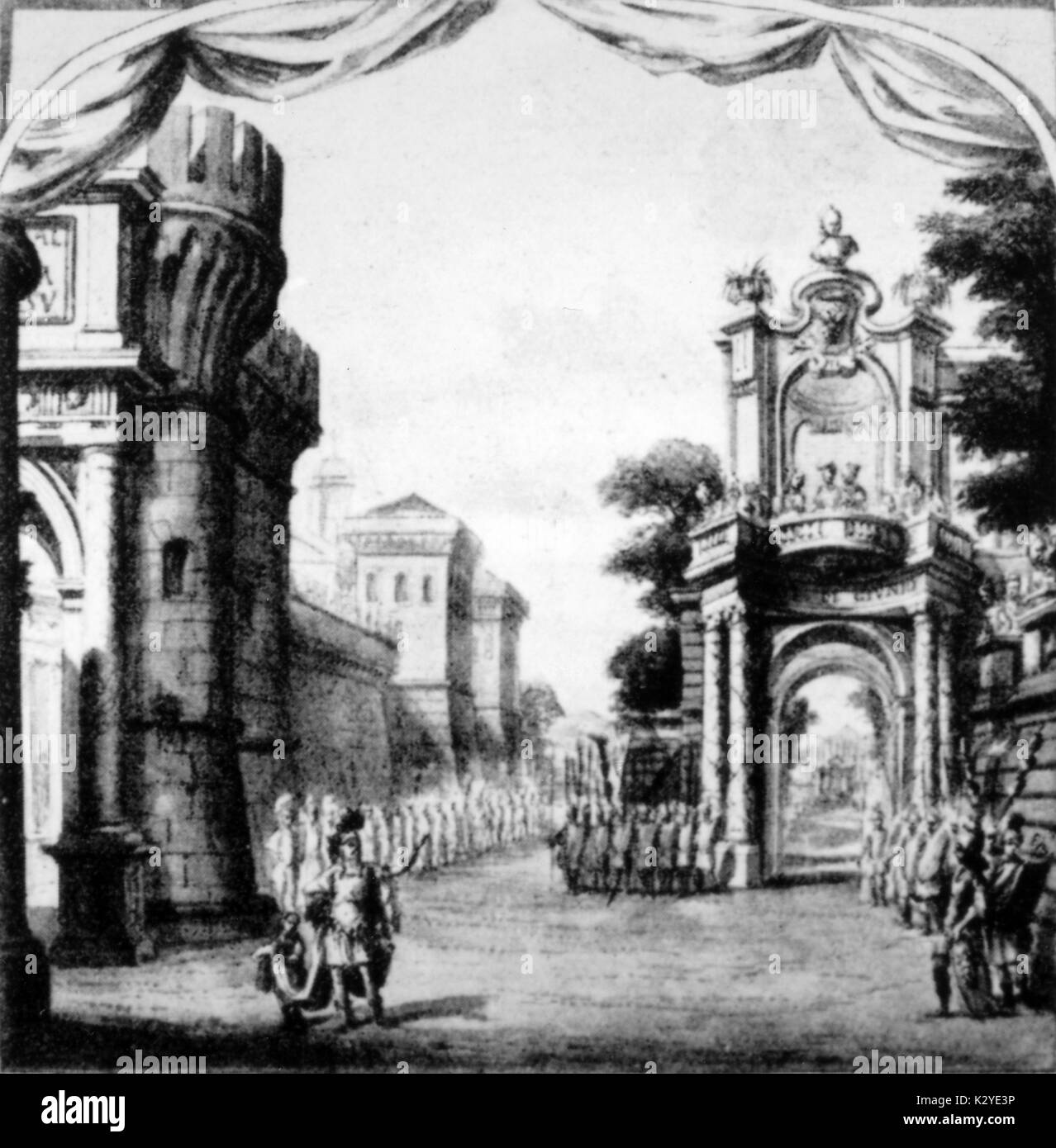 Carlo Francesco Cesarini - GIUNIO BRUTO CANTINA - opéra en 3 actes, jouée pour la première fois en 1707. L'Acte I par CESARINI, Acte II par Antonio Caldara ; l'Acte III d'Alessandro Scarlatti. À partir d'une aquarelle de Filippo Juvara Banque D'Images