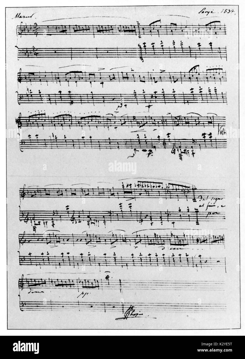 Frédéric Chopin. Le compositeur polonais (1810-1849) manuscrit Mazurka score, datée et signée par 1834 Paris Chopin Banque D'Images