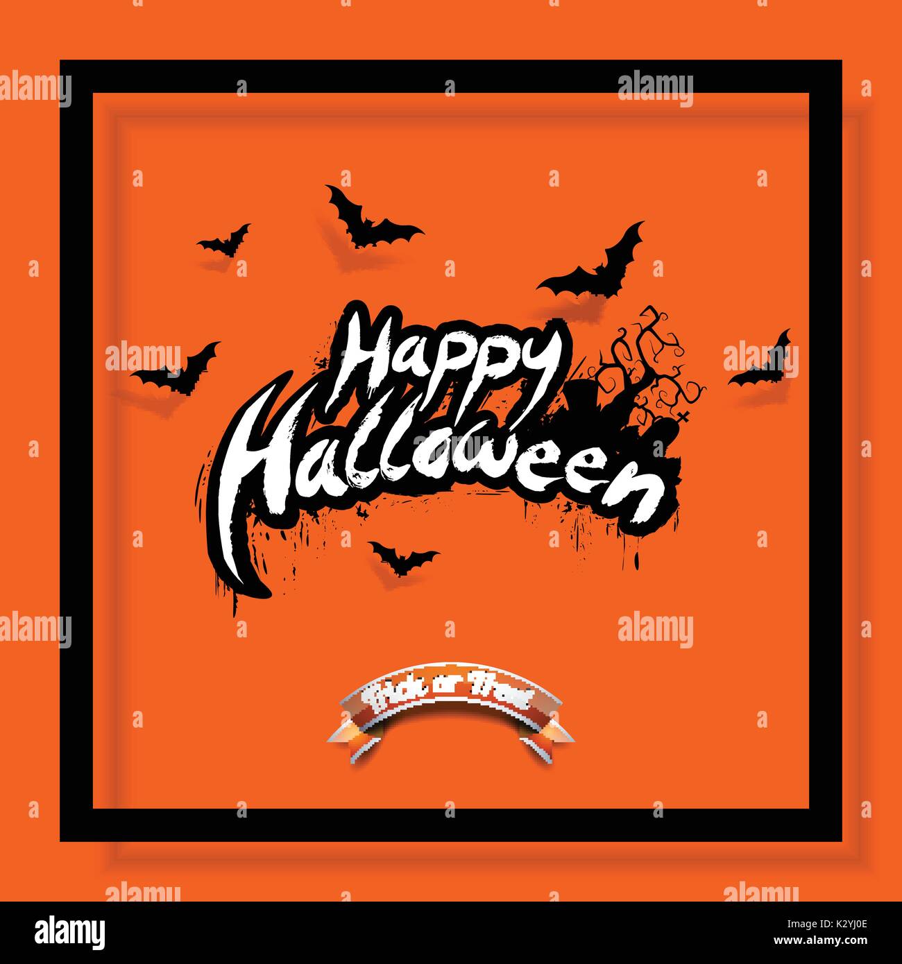 Happy Halloween illustration vectorielle avec les chauves-souris et le cimetière sur fond orange. Maison de design pour carte greting, affiche ou d'invitation à une fête. Illustration de Vecteur