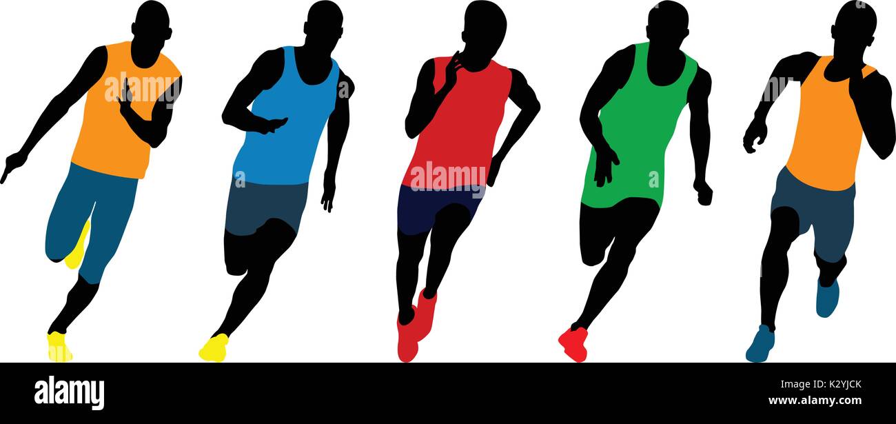 Définir l'athlétisme porteur sprinters exécutant silhouettes colorées Illustration de Vecteur