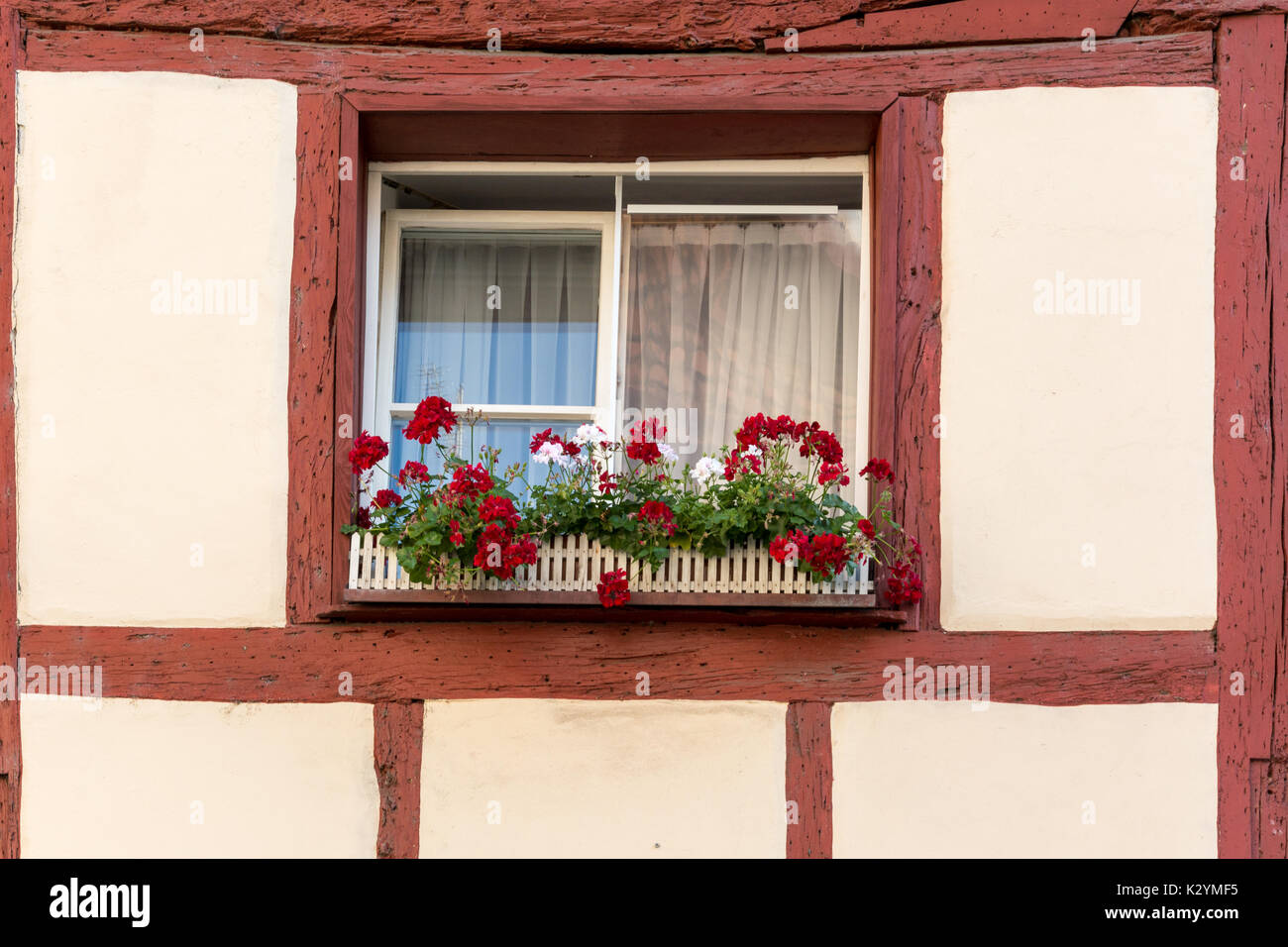 Maison à colombages avec des volets aux fenêtres et des fleurs colorées Banque D'Images
