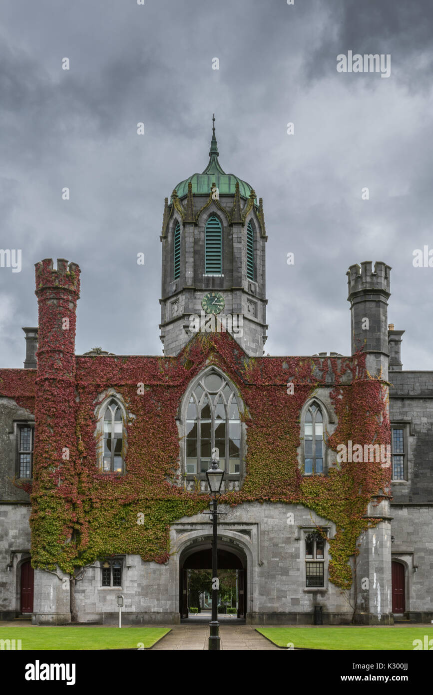 Galway, Irlande - Août 5, 2017 : partie de quadrilatère historique sur le campus de l'Université nationale d'Irlande. Gros plan du bloc d'entrée couverte de lierre avec Banque D'Images