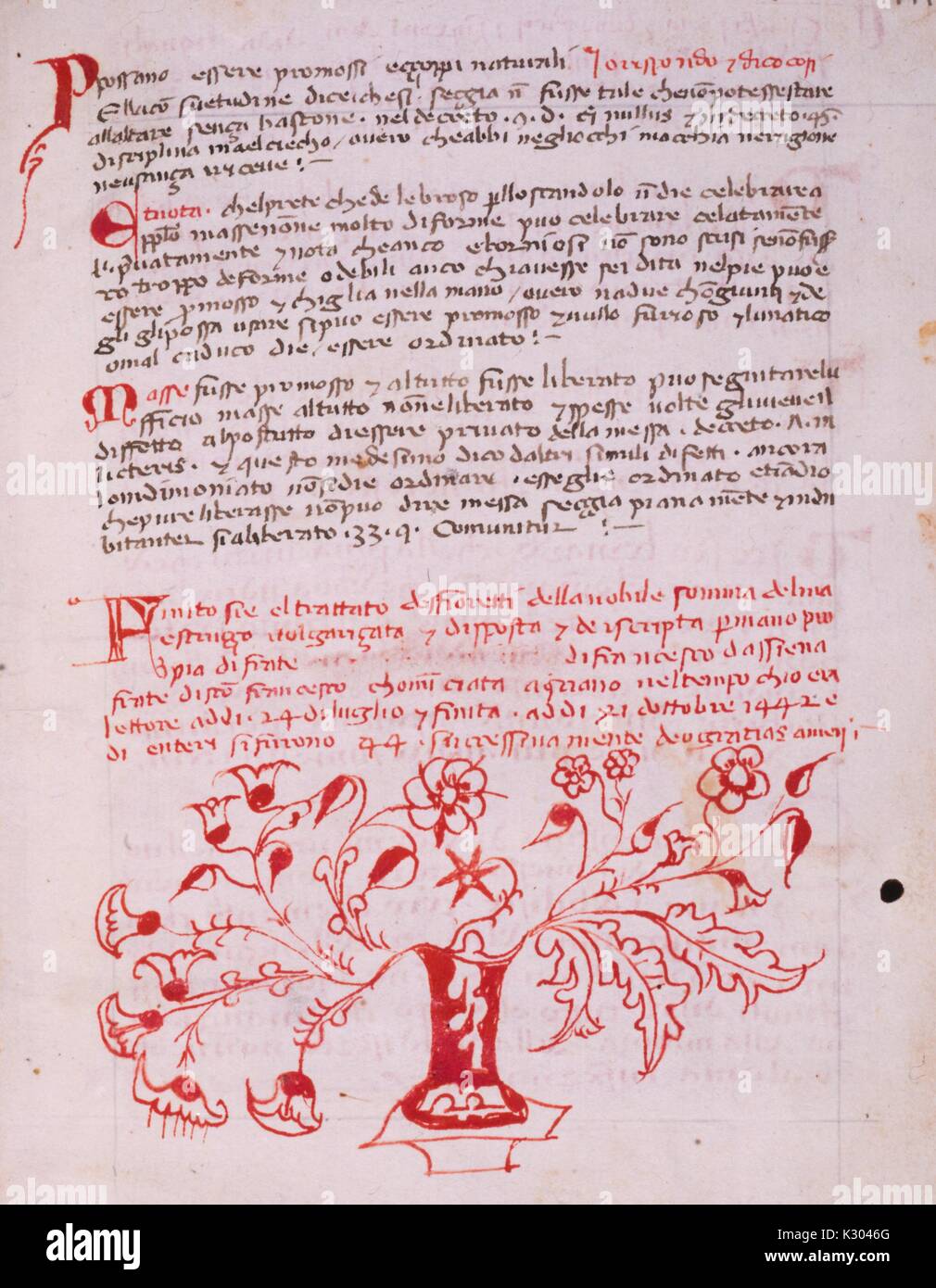 Manuscrit enluminé page illustrant le texte et un motif floral orné, d'un manuscrit italien du 15e siècle livre écrit à Sienne, 1450. Banque D'Images