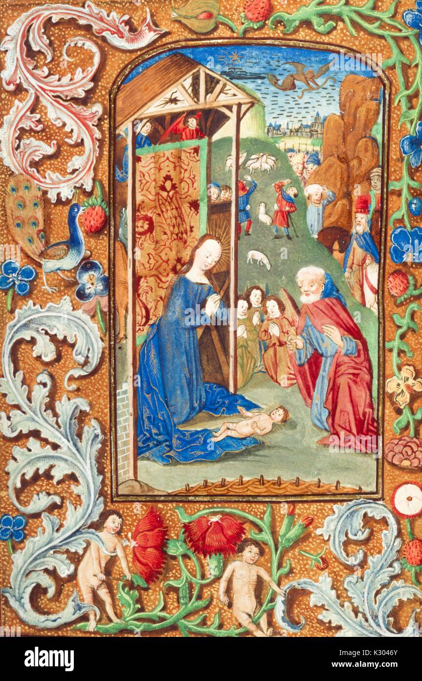 Manuscrit enluminé page représentant Marie, Joseph et l'enfant Jésus, ainsi que les anges et les habitants de la ville, d'un hollandais du 15e siècle livre d'heures, 1495. Banque D'Images