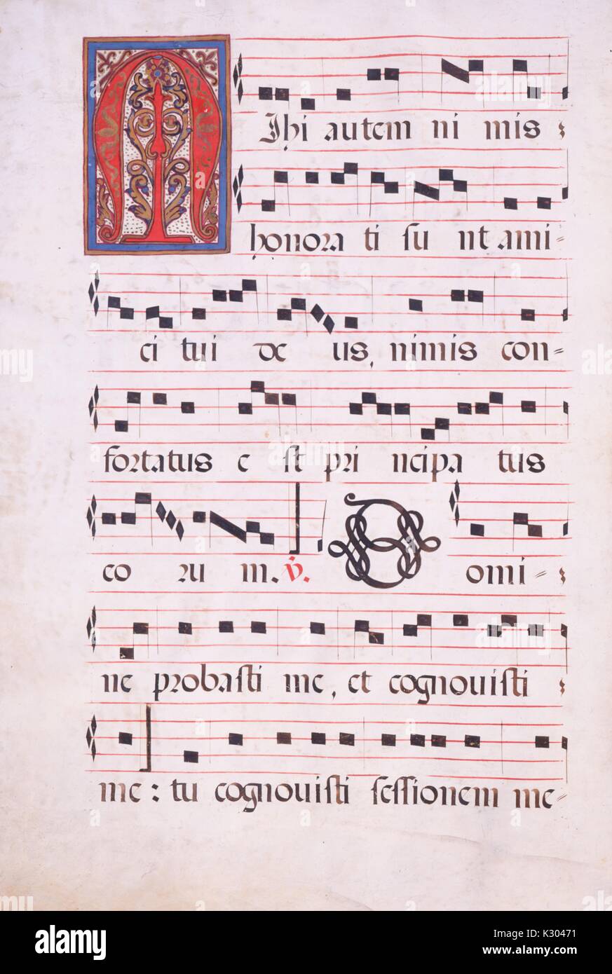 Manuscrit lumineux affichant la page de musique en feuille, à partir d'un manuscrit latin compilées en Espagne au 18e siècle, 1715. Banque D'Images