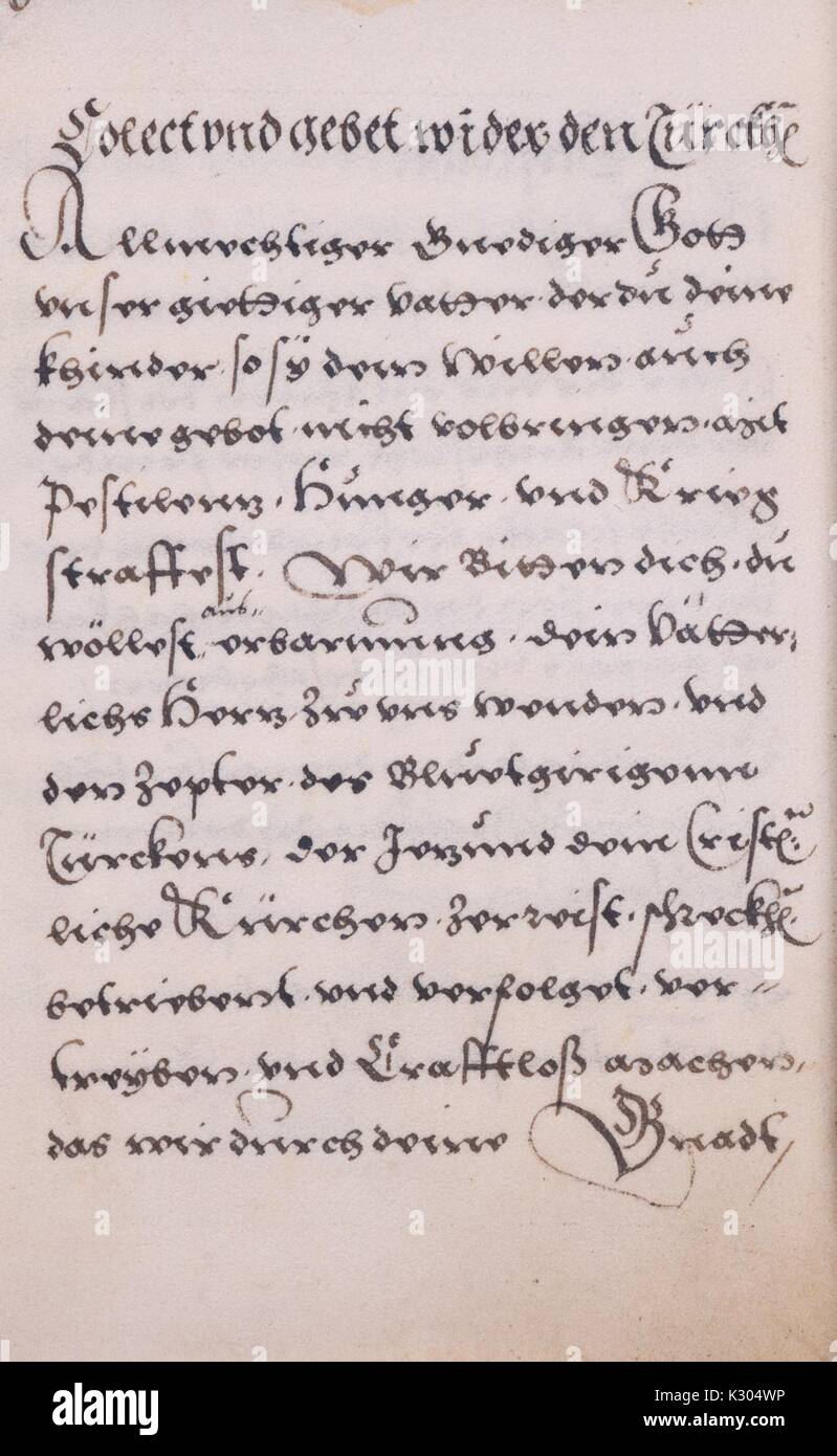 Manuscrit enluminé de prière page en allemand d'un livre de prières de la famille dans le dialecte souabe, à partir de la 16e siècle, 2013. Banque D'Images