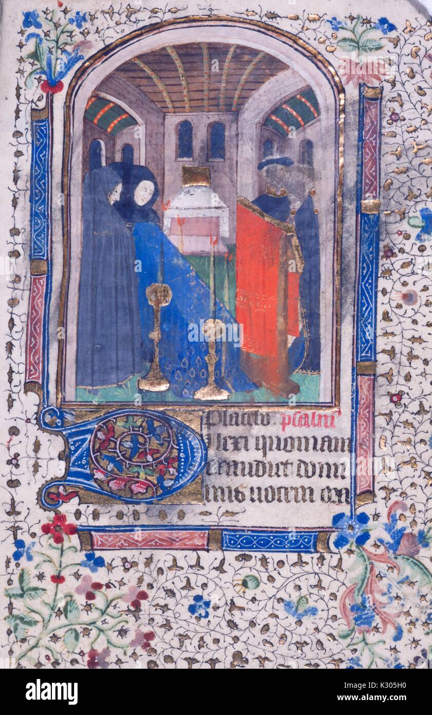 Manuscrit enluminé page illustrant les femmes dressing un tombeau, de la 'Missale Romanum, ''un 15ème siècle livre d'heures d'Amérique latine, 2013. Banque D'Images