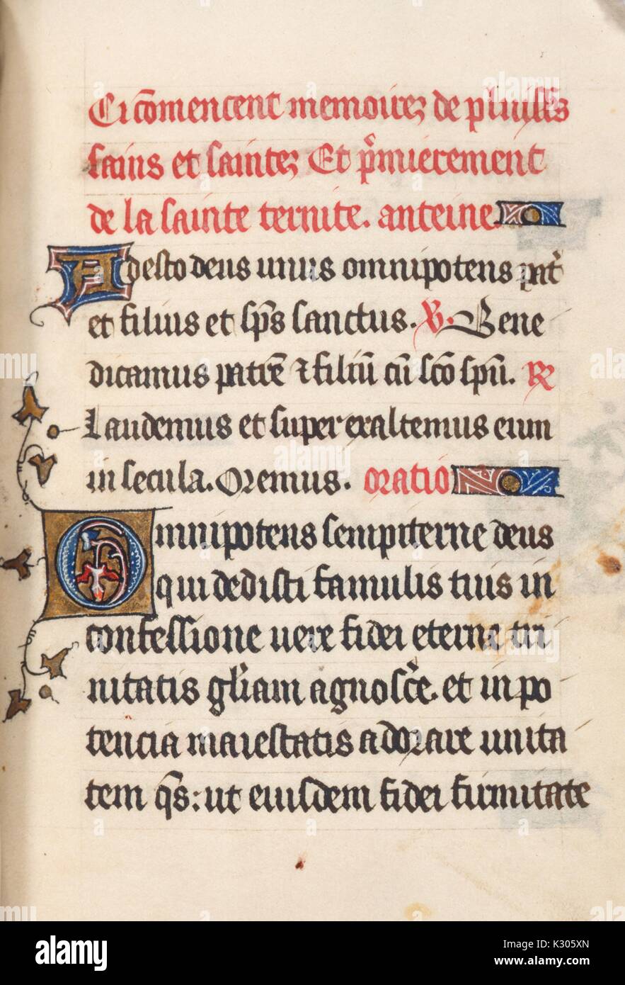 Manuscrit enluminé de la page 'Gloria Patri, hymnus ' livre d'heures manuscrit imprimé en Amérique au 15e siècle, 1400. Banque D'Images