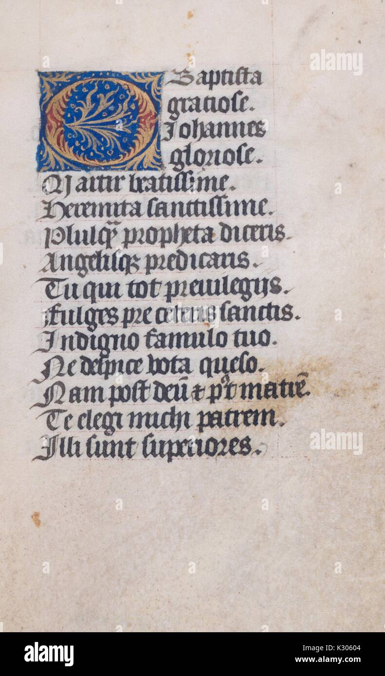 Manuscrit enluminé de la page 'Initium sancti euangelii secundum iohannem : gloria tibi domine, ' livre d'heures manuscrit imprimé en Amérique au 15e siècle, 1400. Banque D'Images