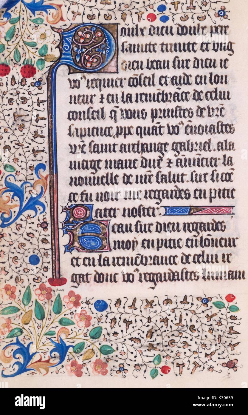 Manuscrit enluminé de la page 'Initium sancti euangelii secundum iohannem : gloria tibi domine' livre d'heures manuscrit imprimé en Amérique au 15e siècle avec l'encadrement décoratif avec des feuilles et des fleurs, 1400. Banque D'Images